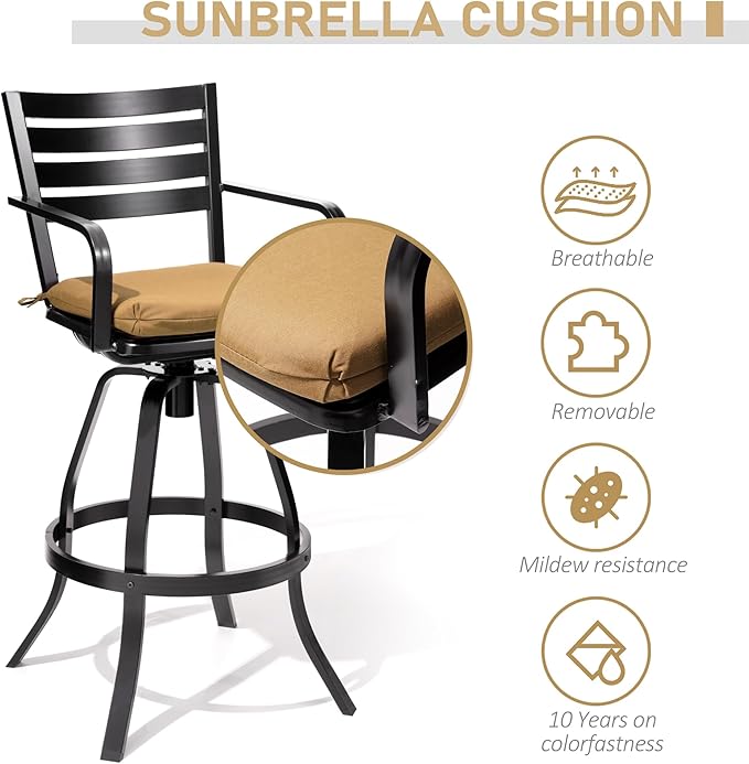 Pellebant 29.5" Sunbrella Outdoor Bar Stools Set of 2, Aluminum Swivel Patio Bar Height Bar Stools with Back & Footrest, Rust-Proof Tall Barstools for Deck Lawn Garden,Teak