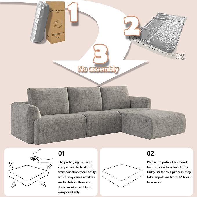 EASE MOOSE Boneless Couch for Living Room, Sectional Cloud Sofa, Modular Cloud Couch, 3-Seater Deep Seat Sofas with Pillow for Bedroom, Apartment, No Assembly Required, Chenille (Light Grey)