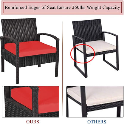 COSTWAY Rattan Patio Furniture Set 3 Pieces, Wicker Conversation Set with Tempered Glass Coffee Table, Seat Cushions, Outdoor Chair Wicker Sofa for Backyard Balcony Porch Poolside, Red