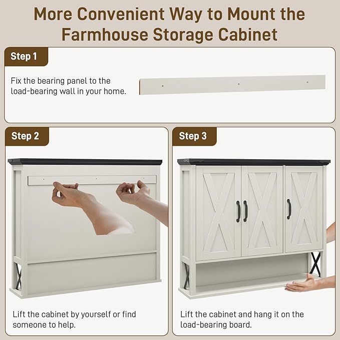 Bathroom Wall Cabinet, Farmhouse Medicine Cabinet with Adjustable Wood Shelf & 3 Doors, Over The Toilet Storage Cabinet for Wall Mounted for Bathroom Laundry Room Kitchen, White and Black