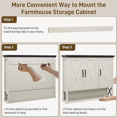 Bathroom Wall Cabinet, Farmhouse Medicine Cabinet with Adjustable Wood Shelf & 3 Doors, Over The Toilet Storage Cabinet for Wall Mounted for Bathroom Laundry Room Kitchen, White and Black