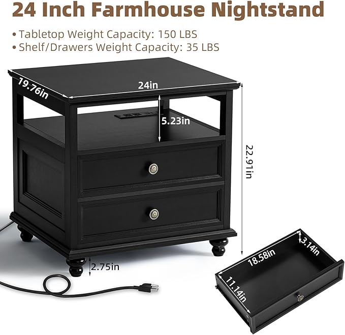 Farmhouse Dresser and Nightstand Sets, Wood 54" Wide Dresser & 24" Night Stand with Charging Station, 2 Piece Bedroom Furniture Set, Chest of Drawers for Bedroom, Home, Living Room, Hallway
