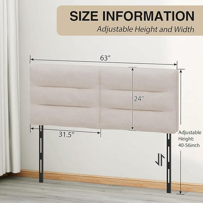 Queen Size Velvet Headboard Foldable Panels Backboard, Upholstered Full Headboard Adjustable Height from 42" to 56" Head Borad-Ivory