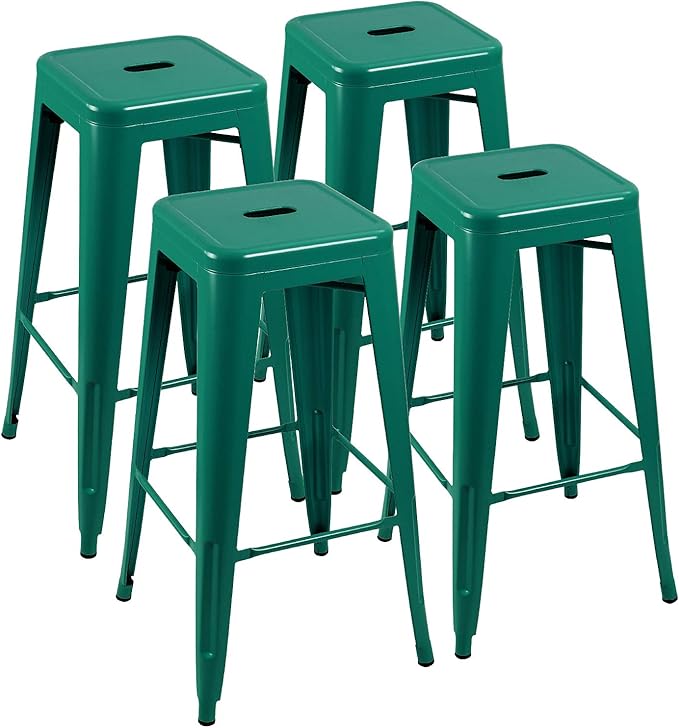 Furniwell 30 Inches Metal Bar Stools High Backless Tolix Indoor-Outdoor Stackable Barstool with Square Counter Seat Set of 4 (Green)