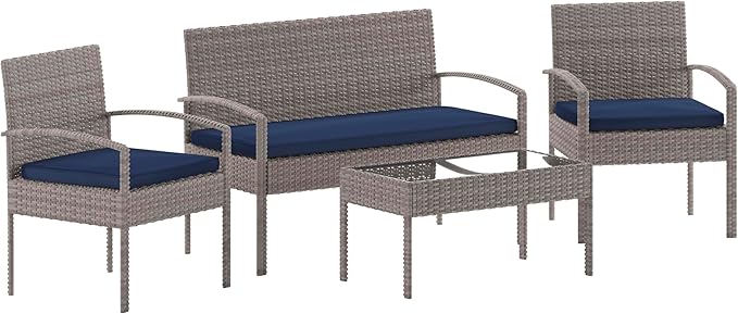 Flash Furniture Aransas Series 4 Piece Gray Patio Set with Steel Frame and Navy Cushions