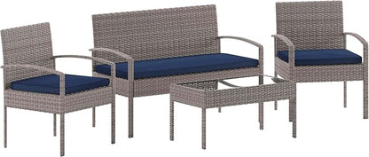 Flash Furniture Aransas Series 4 Piece Gray Patio Set with Steel Frame and Navy Cushions