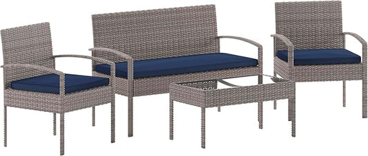 Flash Furniture Aransas Series 4 Piece Gray Patio Set with Steel Frame and Navy Cushions
