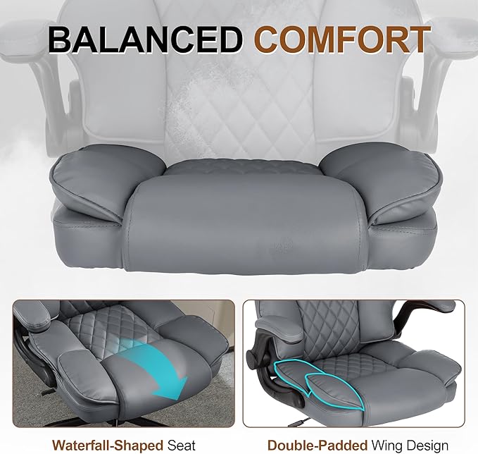 Office Desk Chair,Mid Back Executive Leather Chair,Ergonomic Home Computer Chair,Modern Conference Room Chairs with Adjustable Flip-Up Arms and Rocking Function (Grey)