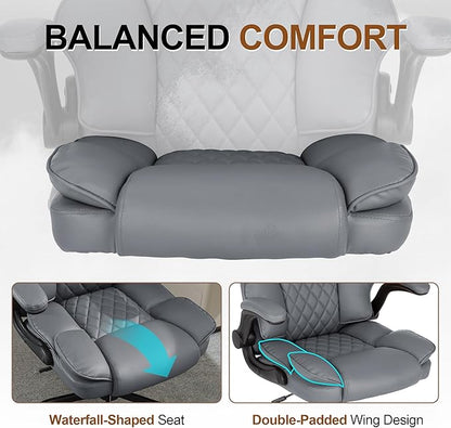 Office Desk Chair,Mid Back Executive Leather Chair,Ergonomic Home Computer Chair,Modern Conference Room Chairs with Adjustable Flip-Up Arms and Rocking Function (Grey)