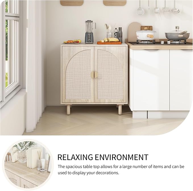 Beige Sideboard Cabinet with 2 Rattan Doors, Rattan Buffet Cabinet with Adjustable Shelves & Pine Legs, Boho Sideboard Buffet for Living Room, Kitchen, Entryway (Beige,1 PCS)