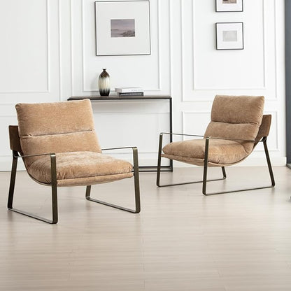 Mid-Century Accent Chair, Comfy Chenille Fabric Side Chair with Armrest, Upholstered Leisure Chair with Bronze Metal Frame for Living Room Reception Room, 1PC, Khaki
