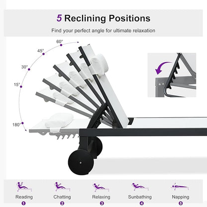 PURPLE LEAF Patio Lounge Chair Set of 3 Outdoor Chaise Lounger Aluminum Frame with Side Table and Wheels for Pool Outside Sunbathing Tanning Recliner Including Pillows White