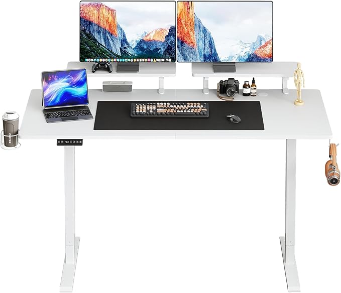 ONBRILL Standing Desk with 2 Adjustable Monitor Shelves, 63 x 24 Inch Electric Stand Up Desk with Memory Controller and Adjustable Height from 28-46 inches for Computer Workstations, All White