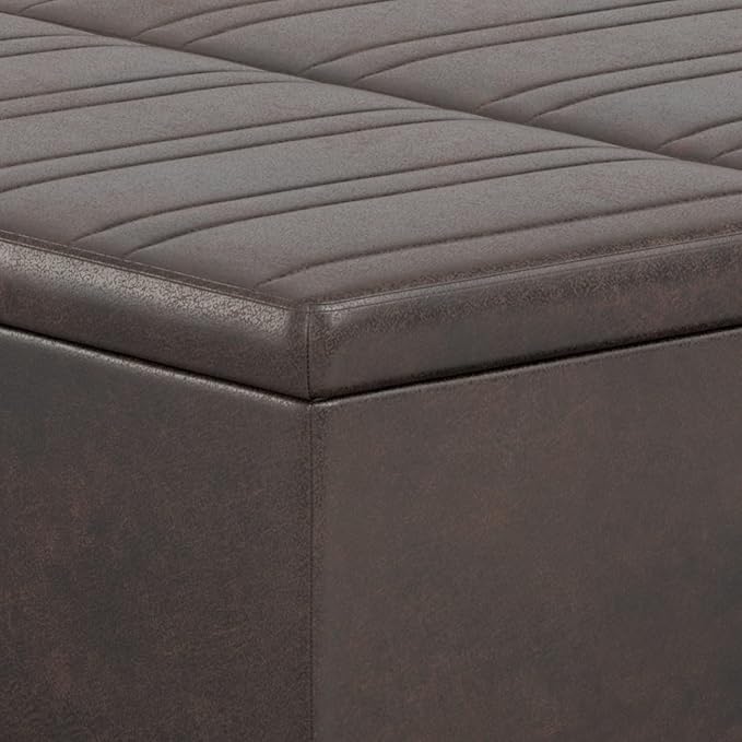 SIMPLIHOME Ellis 36 inch Wide Contemporary Square Coffee Table Storage Ottoman in Distressed Brown Vegan Faux Leather, Assembled, for The Living Room and Bedroom