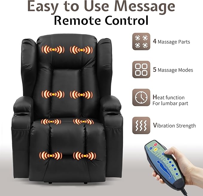 URRED Power Lift Recliner Chair for Elderly, Electric Massage Recliner with Heat, Infinite Position Adjustment, Faux Leather Lift Chair with Cup Holders, Side Pockets & USB Port – Light Black
