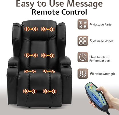URRED Power Lift Recliner Chair for Elderly, Electric Massage Recliner with Heat, Infinite Position Adjustment, Faux Leather Lift Chair with Cup Holders, Side Pockets & USB Port – Light Black