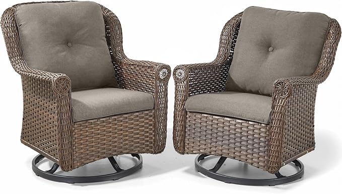 Patio Chairs Outdoor Swivel Glider - Set of 2 High Back Outside Brown Wicker Rattan Rocking Chair with Zippered Cushion for Porch Apartment Deck Yard Poolside Garden - Grey