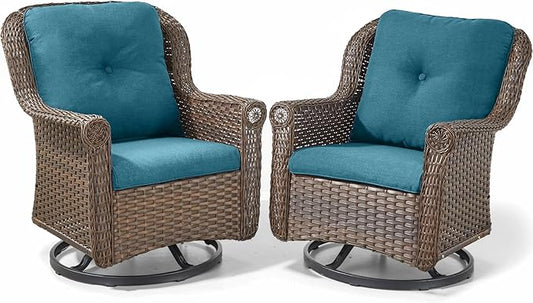 Patio Chairs Outdoor Swivel Glider - Set of 2 High Back Outside Brown Wicker Rattan Rocking Chair with Zippered Cushion for Porch Apartment Deck Yard Poolside Garden - Peacock Blue