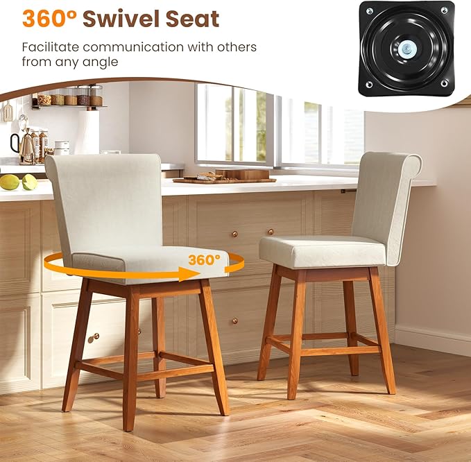 COSTWAY Swivel Bar Stools Set of 2, 27" Counter Height Bar Chairs with Rubber Wood Legs, Upholstered Linen Barstools with Back & Cushioned Seat, for Kitchen Island, Home, Beige (2,Beige)