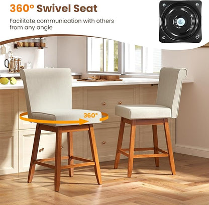 COSTWAY Swivel Bar Stools Set of 2, 27" Counter Height Bar Chairs with Rubber Wood Legs, Upholstered Linen Barstools with Back & Cushioned Seat, for Kitchen Island, Home, Beige (2,Beige)