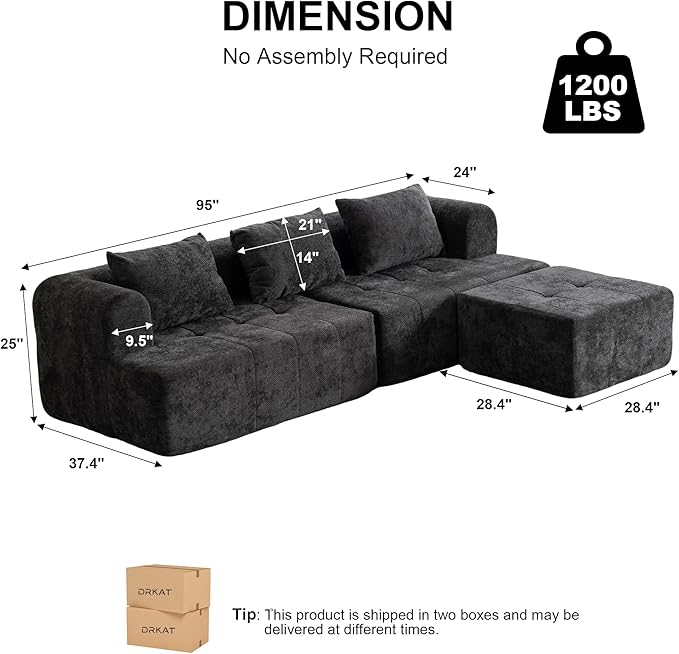 95" Modern Cloud Sectional Sofa Couch, Modular L-Shaped Sofas with Deep Seat and Chaise Ottoman, Chenille Boneless Tufted Couches for Living Room, No Assembly Required, Black