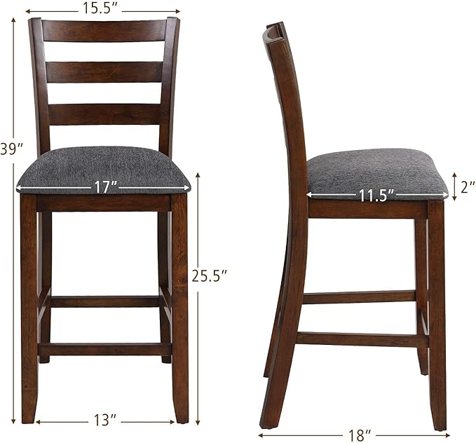 COSTWAY Set of 4 Counter Height Bar Stool, 25.5-Inch Upholstered Bar Stools with Solid Rubber Wood Frame, Foam-Padded Cushion, Footrest, Kitchen Chair for Bistro, Living Room, Grey and Brown