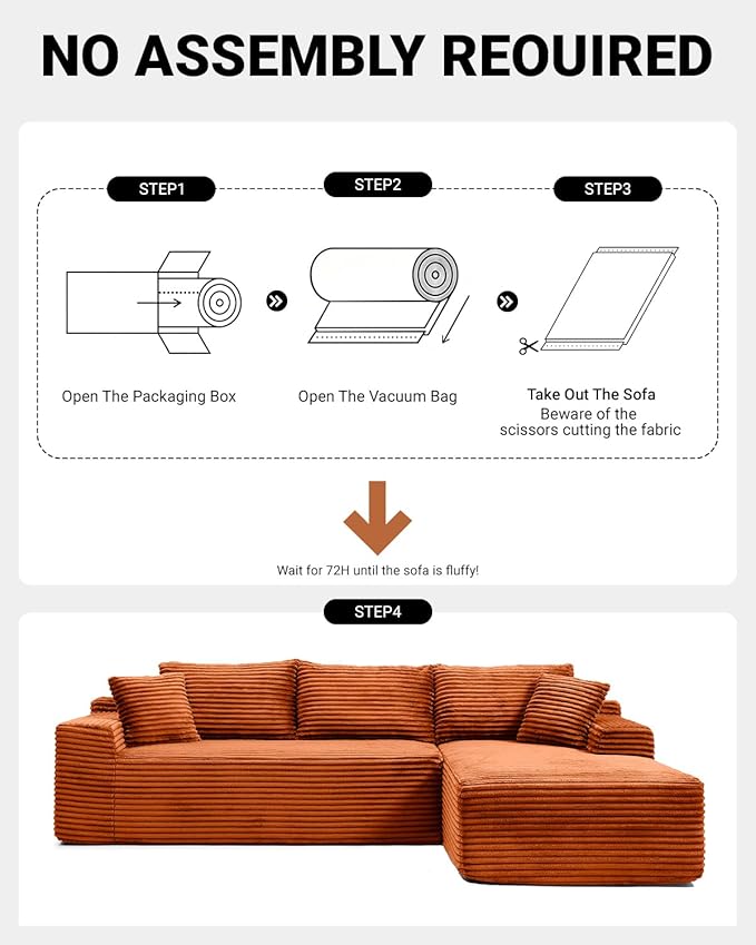108" Cloud Sectional Couch,Modern Modular Sectional Sofa with Deep Seat,Corduroy Boneless Couches with L-Shape Chaise for Living Room,No Assembly Required (Orange, Right Facing Chaise)