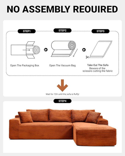 108" Cloud Sectional Couch,Modern Modular Sectional Sofa with Deep Seat,Corduroy Boneless Couches with L-Shape Chaise for Living Room,No Assembly Required (Orange, Right Facing Chaise)