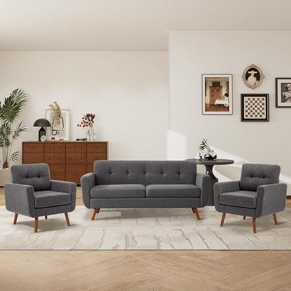 Tbfit Linen Fabric Accent Chairs Set of 2, Mid Century Modern Armchair for Living Room, Bedroom Button Tufted Upholstered Comfy Reading Accent Chair Sofa(Grey)