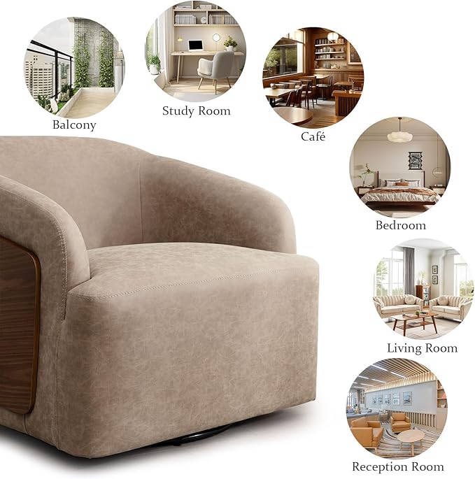 Swivel Accent Chair Faux Leather Boucle Swivel Barrel Chair Comfortable Mid Century Modern Chair Upholstered Metal Base Armchair for Living Room Bedroom Office Large Vintage Gray