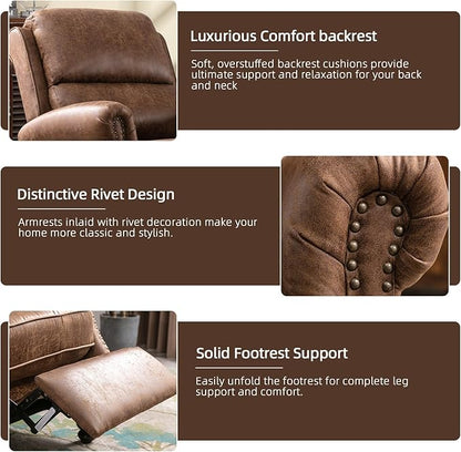 Push Back Recliner Chair Faux Leather Lounge Armchair with Rivet Decoration Wingback Single Sofa Chair with Padded Seat Solid Wood Legs for Living Room, Comfy Upholstered Set of 2, Chocolate