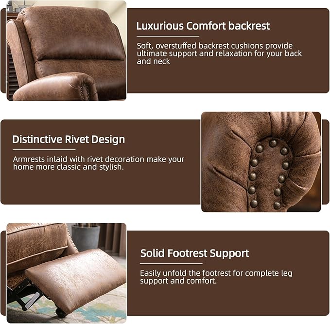 Push Back Recliner Chair Faux Leather Lounge Armchair with Rivet Decoration Wingback Single Sofa Chair with Padded Seat Solid Wood Legs for Living Room, Chocolate