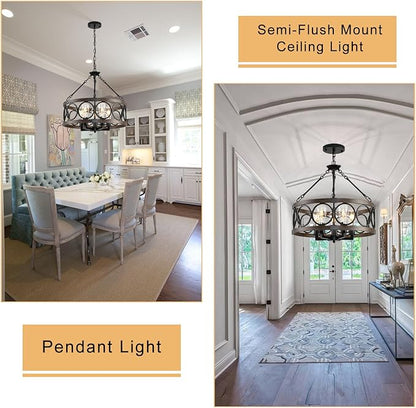 Light Fixtures Ceiling Mount,5 Light Flush Mount Ceiling Light with Chain,Height Adjustable Rustic Farmhouse Chandeliers for Dining Room,19.71" Black Chandelier Modern Pendant Light Fixture