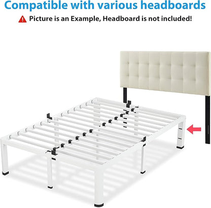 18 Inch Full Size White Bed Frame, 3500Lbs Heavy Duty Metal Platform with Round Corner Legs Mattress Slide Stopper, Steel Slat Support No Box Spring Needed, Noise Free, Non-Slip, Easy Assembly