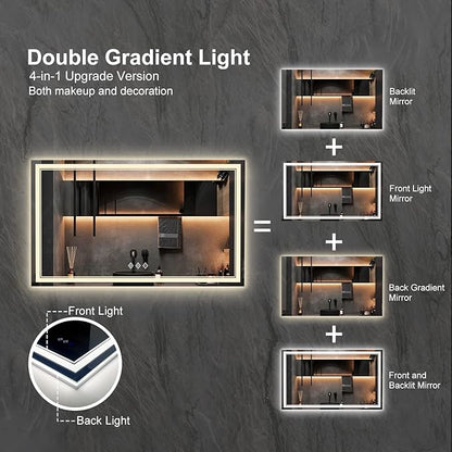 Lighted Vanity Mirror, 60x36 Inch Gradient Front and Backlit LED Mirror for Bathroom, 3 Colors Dimmable CRI>90 Double Lights, Enhanced Anti-Fog, Hanging Plates Wall Mount LED Light Mirror