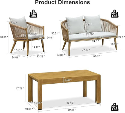 PURPLE LEAF 4 Pieces Patio Conversation Set Outdoor Wicker Furniture with Aluminum Table and Rattan Chairs Sofa Cushions Included for Porch Backyard Garden Balcony Teak