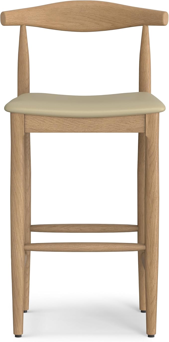 SIMPLIHOME Molly Bar Stool - 29 inch Seat Height Upholstered Wood Chair in Natural Faux Leather, Mid Century Seating for Kitchen or Bar with Contoured Back and Footrest, Fully Assembled
