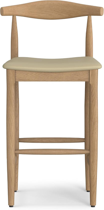 SIMPLIHOME Molly Bar Stool - 29 inch Seat Height Upholstered Wood Chair in Natural Faux Leather, Mid Century Seating for Kitchen or Bar with Contoured Back and Footrest, Fully Assembled