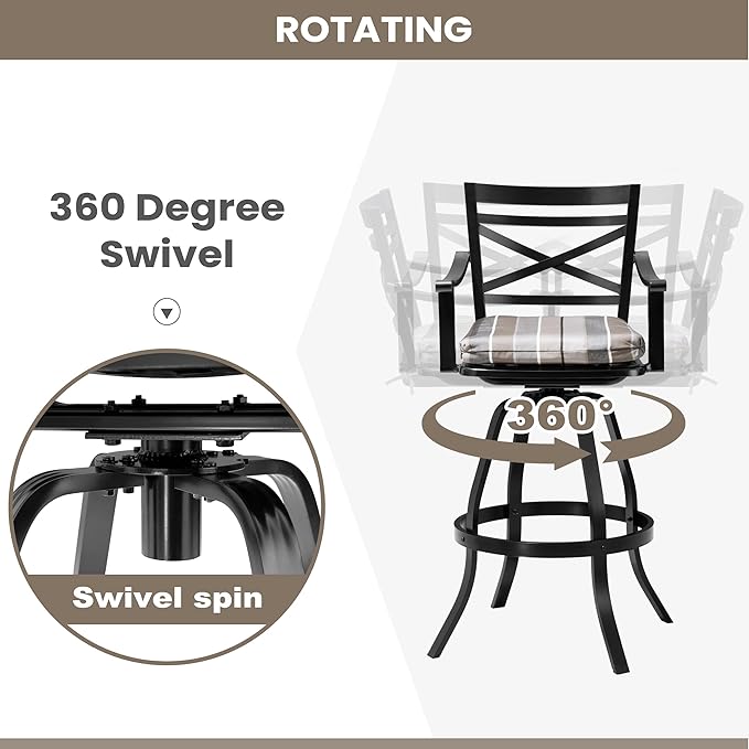 Pellebant 30-Inch Sunbrella Outdoor Bar Stools Set of 4, Aluminum Swivel Patio Bar Height Bar Stools with Back & Footrest, for Deck Lawn Garden(Milano Char)