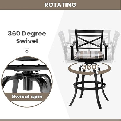 Pellebant 30-Inch Sunbrella Outdoor Bar Stools Set of 4, Aluminum Swivel Patio Bar Height Bar Stools with Back & Footrest, for Deck Lawn Garden(Milano Char)