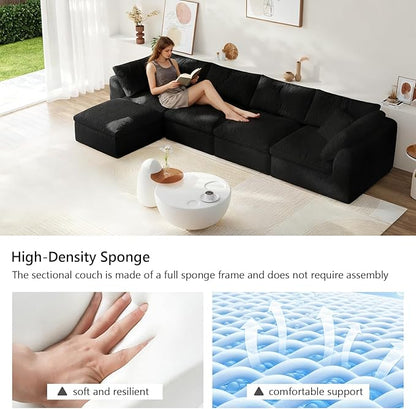 138" Boneless Cloud Couch Modular Sectional Sofa with Deep Seat for Living Room, L Shape Couch with Ottoman, Snowflake Cloth and 40D Memory Sponge，2 Throw Pillows (Black, 4 Seater+1 Ottoman)