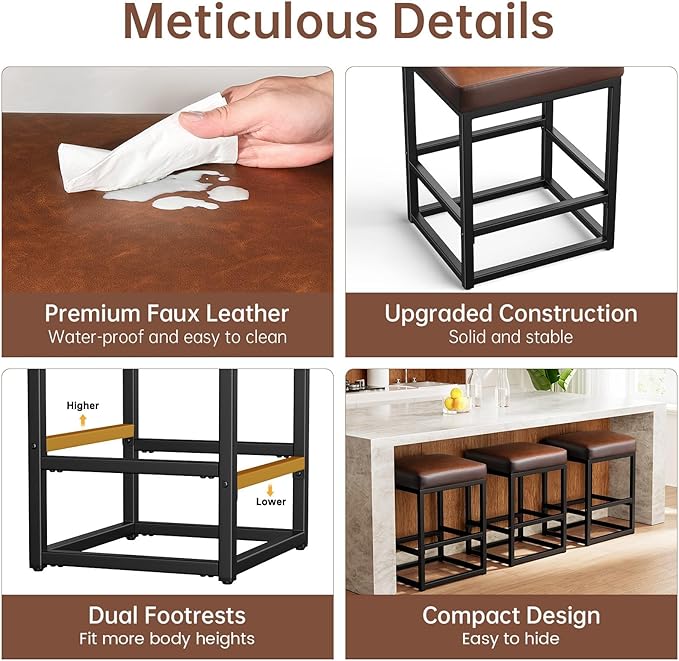 Counter Height Bar Stools Set of 2, 24" Barstools for Kitchen Countertop, Faux Leather Counter Stools with Thick Square Seats & Sturdy Metal Base, Simple Assembly, Brown