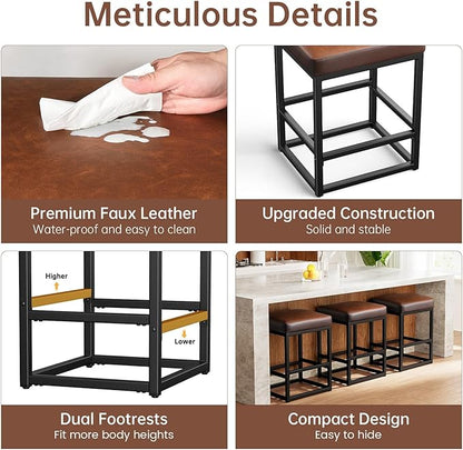 Counter Height Bar Stools Set of 3, 24" Barstools for Kitchen Countertop, Faux Leather Counter Stools with Thick Square Seats & Sturdy Metal Base, Simple Assembly, Brown