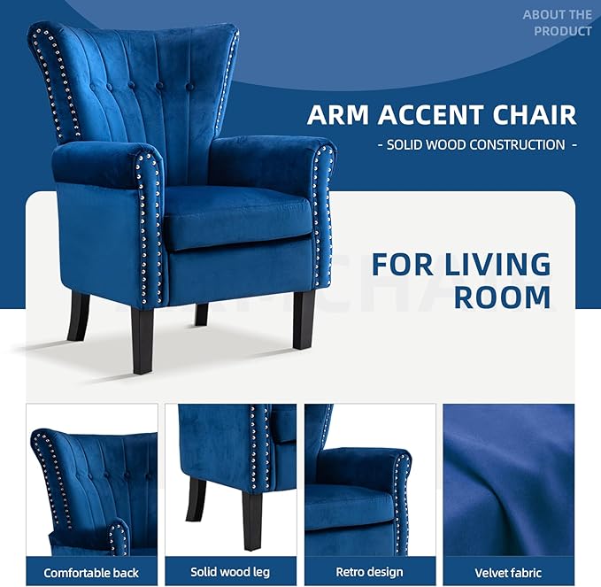 Velvet Accent Chair Single Modern Armchair with Riveted Decorative Mid-Century High Back Reading Chair Sturdy Sofa Chair for Living Room Bedroom Home Office (Blue)