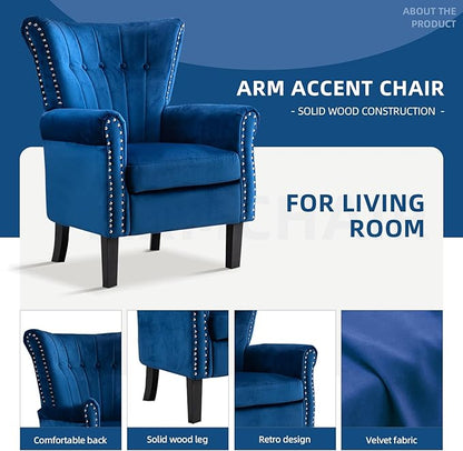 Velvet Accent Chair Single Modern Armchair with Riveted Decorative Mid-Century High Back Reading Chair Sturdy Sofa Chair for Living Room Bedroom Home Office (Blue)