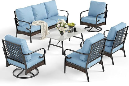 6 Piece Metal Outdoor Patio Furniture Set - 1 3-Seater & 2 Fixed & 2 Swivel Sofas with 5.75" Thick Cushion & Coffee Table - Black & Blue Backyard Furniture