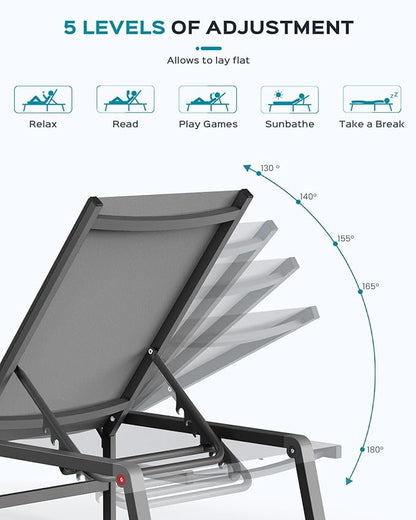 Ciokea Patio Chaise Lounge Chair, Foldable Lounge Chair for Outside, Aluminum Chairs Set of 2 with 5 Adjustable Backrest, Outdoor Pool Lounger for Poolside, Lawn, Deck, Grey
