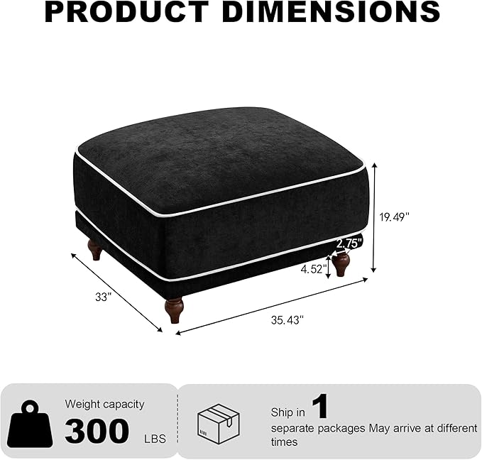 35" Square Ottoman for Modular Couch Sectional Sofa,Movable Footstool with Wooden Legs for Living Room Bedroom,Comfy Thicked Cushion Upholstered Foot Rest,Black