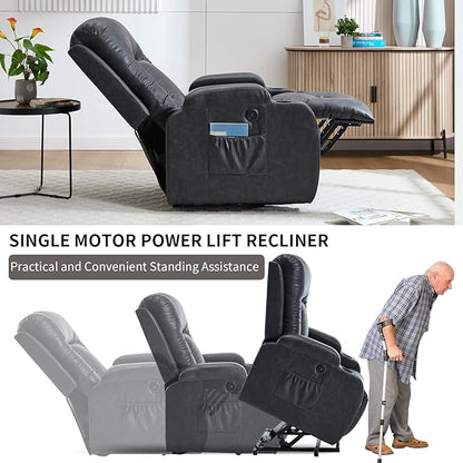 PELUMY Manual Lift Recliner Chair for Elderly with Massage & Heat, Oversized Heavy Duty 350 lbs Recliner with Cup Holders & USB Ports, Infinite Positioning Lift Chair (Breathable Leather, Dark Grey)