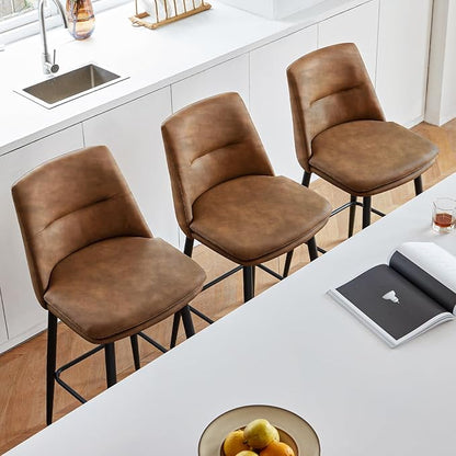 Coffee Counter Height Bar Stools Set of 3, 26 Inch Seat Height with Back and Metal Legs, 360° Swivel Upholstered Faux Leather Swivel Bar Stools